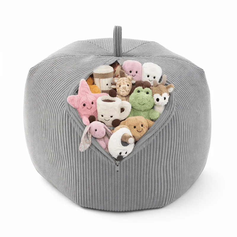 Sacco per giocattoli e peluche | Si trasforma in un pouf per sedersi | Velluto a coste | 85x85x50 cm | Grigio Coniglio