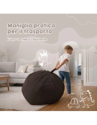 Sacco per giocattoli e peluche | Si trasforma in un pouf per sedersi | Velluto a coste | 85x85x50 cm | Grigio Coniglio
