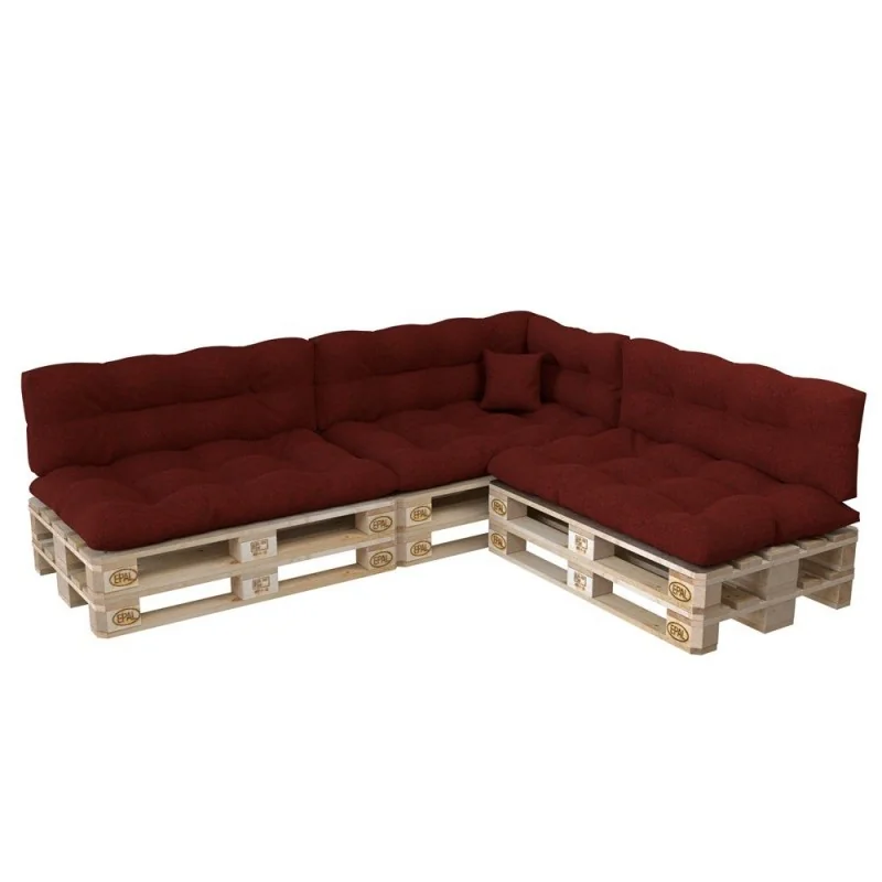 Set di 8 Cuscini per Pallet: 3x 120x80 + 3x 120x40 + 60x40 + 40x40, Trapuntati, Bordeaux