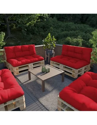 Set di 2 Cuscini per Pallet - Seduta 120x80 cm + Schienale 120x40 cm, Impermeabili, Trapuntati, Rosso